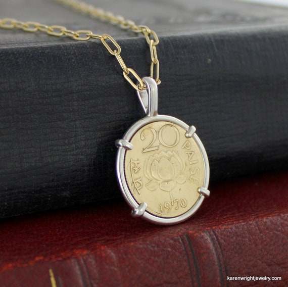 India Coin Jewelry With Vintage 1970 India Lotus Coin in Handmade