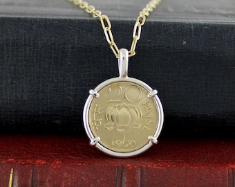 India Coin Jewelry with Vintage 1970 India Lotus Coin in Handmade Sterling Silver Pendant Necklace