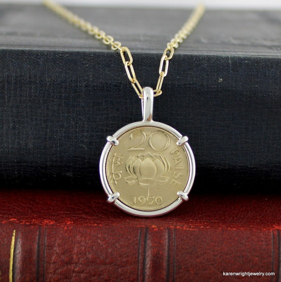 India Coin Jewelry with Vintage 1970 India Lotus Coin in Handmade Sterling Silver Pendant Necklace