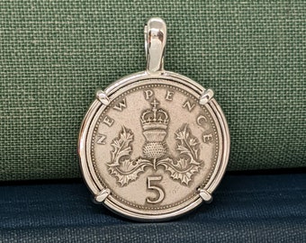 Birthday Gift Coin Jewelry with Vintage UK Scottish Thistle New Pence in Handmade Sterling Silver Pendant Setting