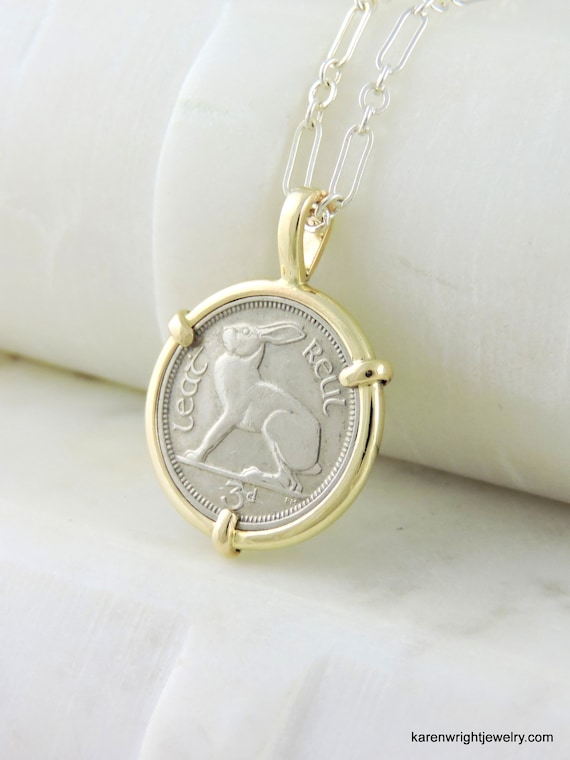 Free State Ireland Coin Jewelry with Vintage 1928 Irish Rabbit Coin in Handmade 14k Yellow Gold Pendant Setting