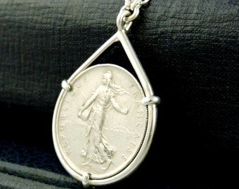 French Coin Jewelry with Vintage 1 Franc Coin in Handmade Sterling Silver Necklace