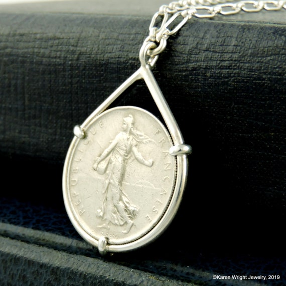French Coin Jewelry with Vintage 1 Franc Coin in Handmade Sterling Silver Necklace