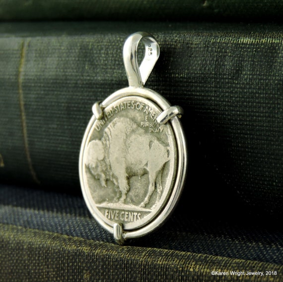 American Coin Jewelry with Vintage Buffalo Nickel in Handmade Sterling Silver Pendant Setting