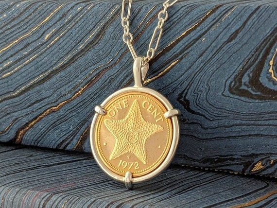 Birthday Coin Jewelry with Bahamas Starfish Coin in Sterling Silver Handmade Pendant