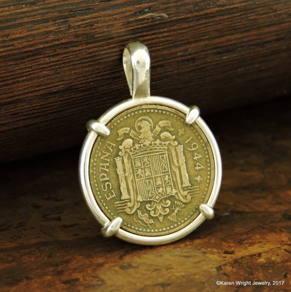 Spanish Coin Jewelry with Vintage 1944 1 Peseta Coin in Handmade Sterling Silver Pendant Setting