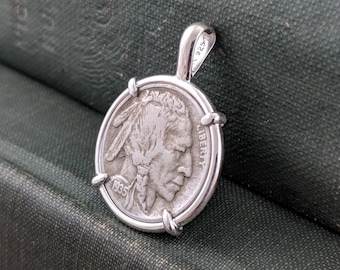 American Coin Jewelry with Vintage Buffalo Nickel in Handmade Sterling Silver Pendant Setting