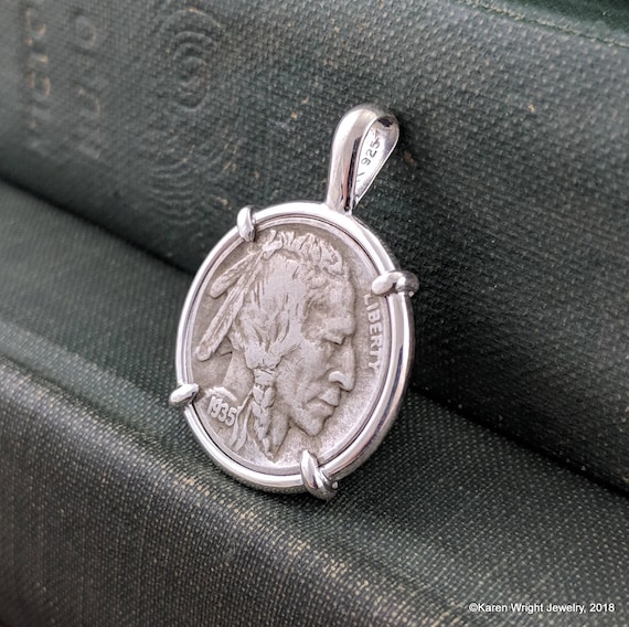 American Coin Jewelry with Vintage Buffalo Nickel in Handmade Sterling Silver Pendant Setting