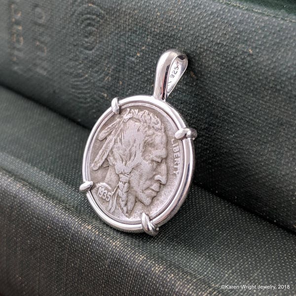 American Coin Jewelry with Vintage Buffalo Nickel in Handmade Sterling Silver Pendant Setting