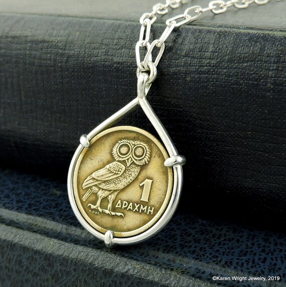 Coin Jewelry Vintage Greek Owl Coin in Handmade Sterling Silver Necklace