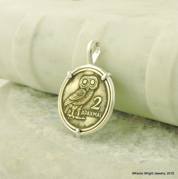 Greek Coin Jewelry with Vintage 1973 Greek Owl 2 Drachmae in Handmade Pendant Setting