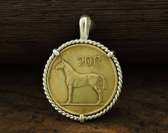 Horse Coin Jewelry with Vintage Irish Horse Coin in Handmade Sterling Silver Pendant Setting