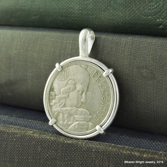 French Coin Jewelry Vintage Mid Century with 100 Franc in Handmade Sterling Silver Pendant Setting