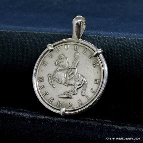 Birthday Horse Coin Jewelry with Vintage Austrian Schilling with Lipizzaner Dressage Horse Coin in Handmade Sterling Silver Pendant Setting