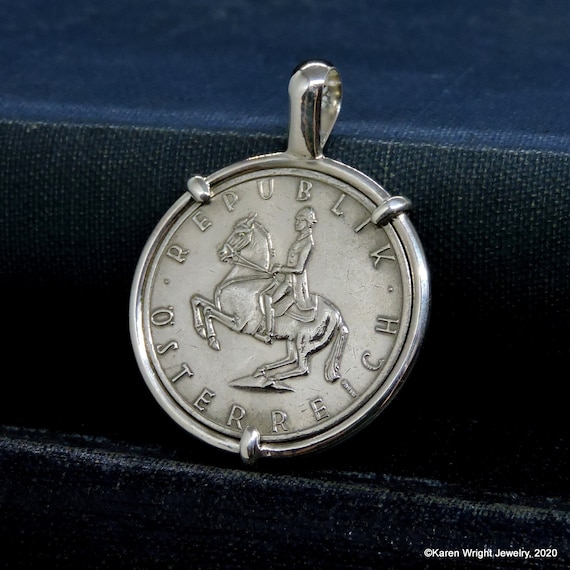 Birthday Horse Coin Jewelry with Vintage Austrian Schilling with Lipizzaner Dressage Horse Coin in Handmade Sterling Silver Pendant Setting