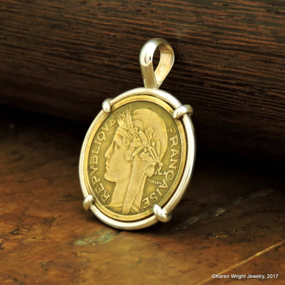 French Coin Jewelry with Vintage France Art Deco Coin in  Handmade Pendant Setting