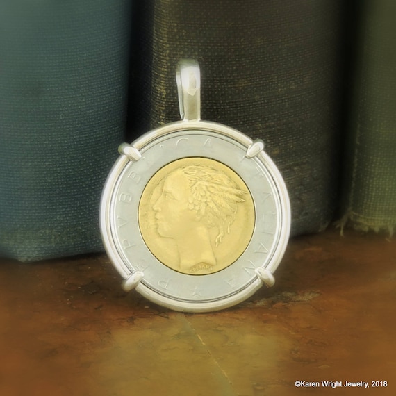 Italy Coin Jewelry with Vintage Italian Lire Mixed Metal Coin in Handmade Sterling Silver Pendant Setting