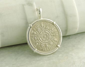 English Coin Jewelry with Vintage Elizabeth II Two Shillings in Handmade Sterling Silver Pendant