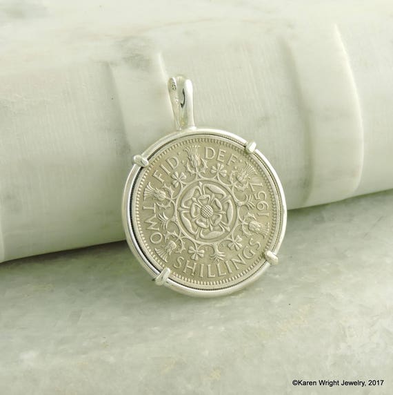 English Coin Jewelry with Vintage Elizabeth II Two Shillings Coin in Handmade Sterling Silver Pendant Setting
