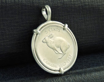 Canada Coin Jewelry with Vintage 1967 Centennial Rabbit Coin in Handmade Sterling Silver Pendant Setting