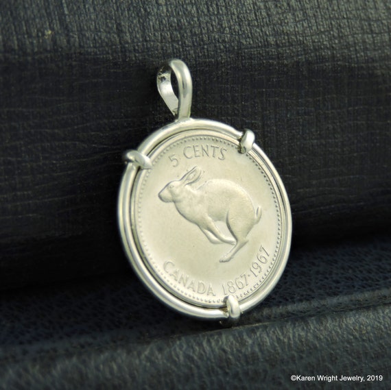 Canada Coin Jewelry with Vintage 1967 Centennial Rabbit Coin in Handmade Sterling Silver Pendant Setting