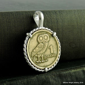 Bird Coin Jewelry with Vintage 1973 Greek Owl Coin in Handmade Sterling Silver Pendant Setting