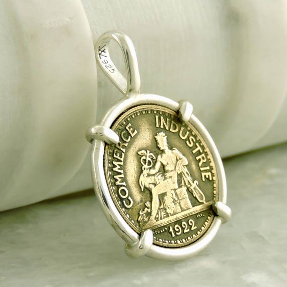 French Coin Jewelry with Vintage France 50 Centimes in Handmade Sterling Silver Pendant Setting