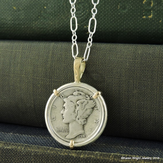 US Coin Jewelry with Vintage American Mercury Dime in Handmade Sterling Silver and Yellow Gold Pendant Setting