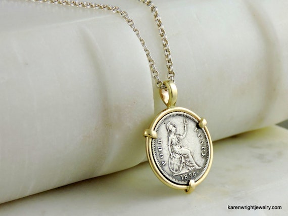 Coin Necklace with Antique William IV 1836 Sterling Silver Fourpence Groat in Handmade 14k Yellow Gold Pendant Setting
