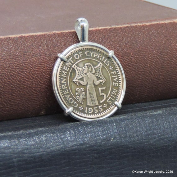 Coin Jewelry with Vintage 1955 Cyprus Coin in Handmade Sterling Silver Pendant Setting