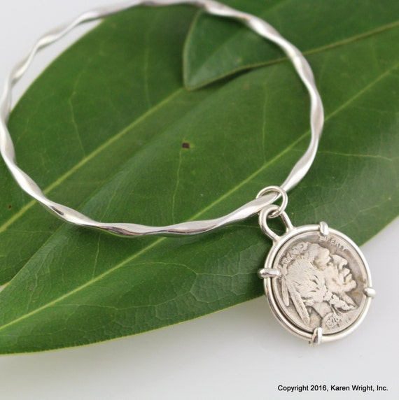 Handmade Silver Bangle with American Buffalo Nickel in Handmade Charm Setting