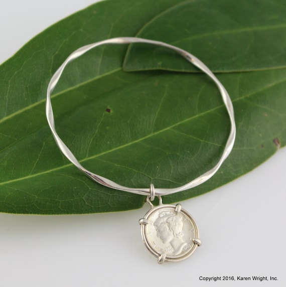 Handmade Silver Bangle with 1945 Mercury Dime Coin Charm