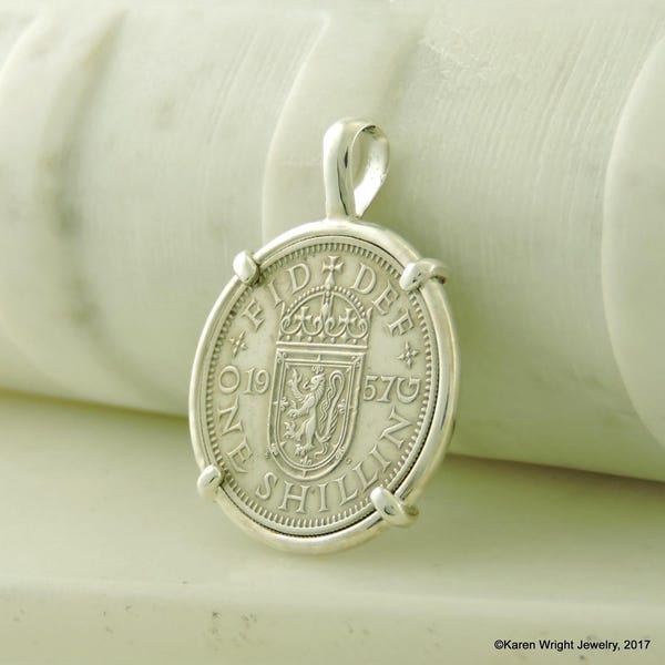 Scottish Coin Jewelry with Vintage Scottish Crest One Shilling in Handmade Sterling Silver Pendant Setting