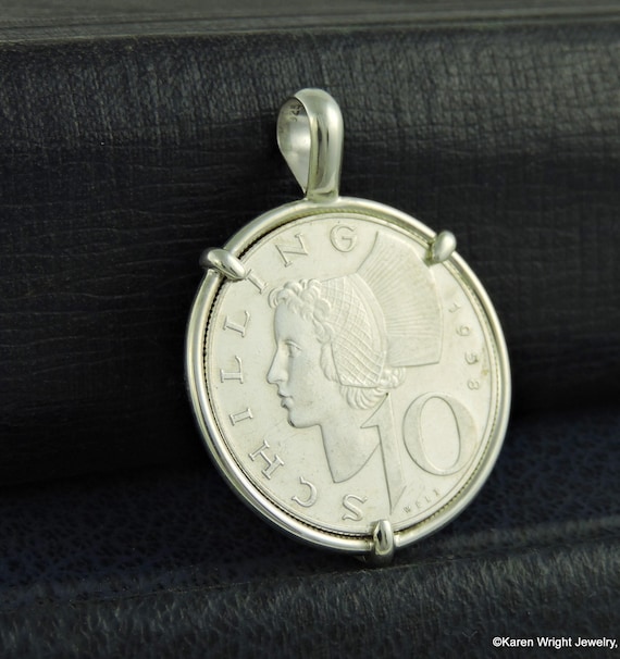 Austria Coin Jewelry with Vintage Austrian Silver 10 Schilling in Handmade Sterling Silver Pendant Setting