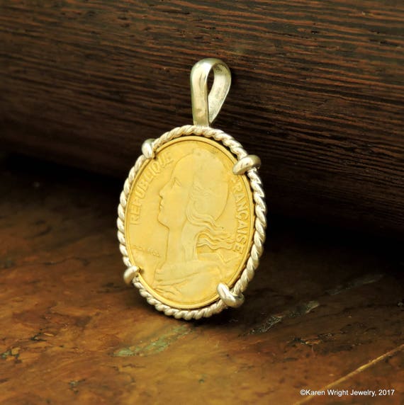 France Coin Jewelry with Vintage Centime in Handmade Sterling Silver Pendant Setting