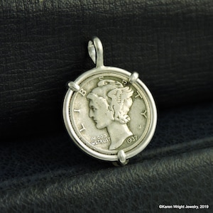 US Coin Jewelry with Vintage American Mercury Dime in Handmade Sterling Silver Pendant Setting