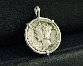 US Coin Jewelry with Vintage American Mercury Dime in Handmade Sterling Silver Pendant Setting