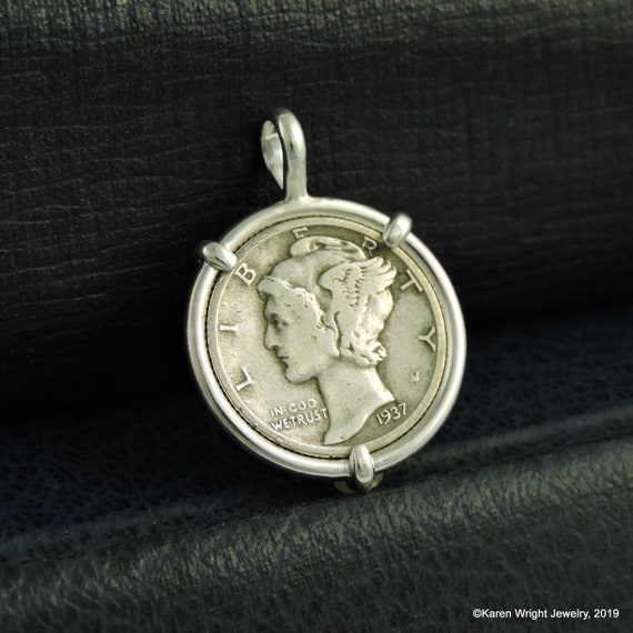 US Coin Jewelry with Vintage American Mercury Dime in Handmade Sterling Silver Pendant Setting