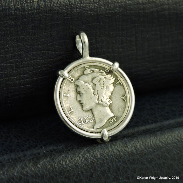 US Coin Jewelry with Vintage American Mercury Dime in Handmade Sterling Silver Pendant Setting