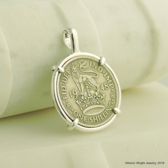 Birthday Gift Coin Jewelry Vintage George VI One Shilling in Handmade Sterling Silver Pendant Setting