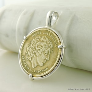 Greek Coin Jewelry with Vintage Alexander the Great Coin in Handmade Sterling Silver Pendant Setting
