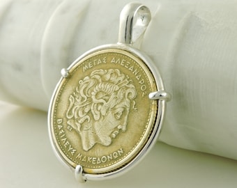 Greek Coin Jewelry with Vintage Alexander the Great Coin in Handmade Sterling Silver Pendant Setting