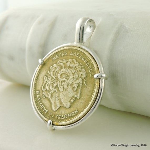 Greek Coin Jewelry with Vintage Alexander the Great Coin in Handmade Sterling Silver Pendant Setting