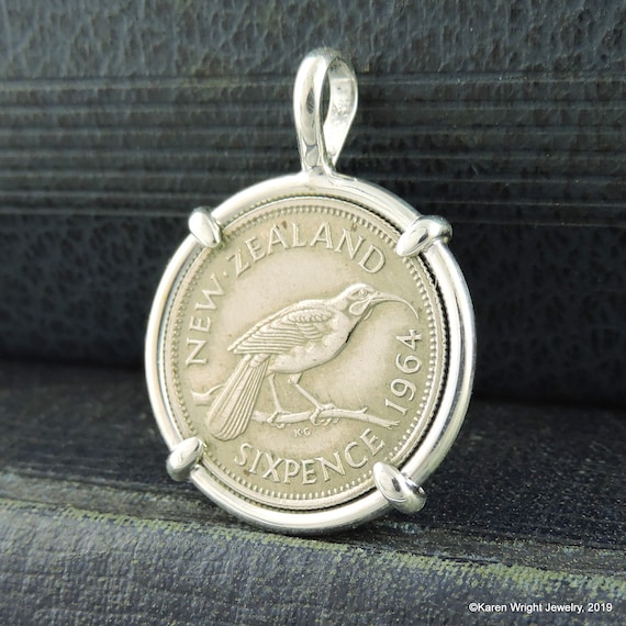 Sixpence Coin Jewelry with Vintage New Zealand Sixpence in Handmade Sterling Silver Pendant Setting