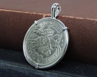 Monaco Coin Jewelry with Vintage 1950 100 Franc Coin in Handmade Sterling SIlver Pendant Setting