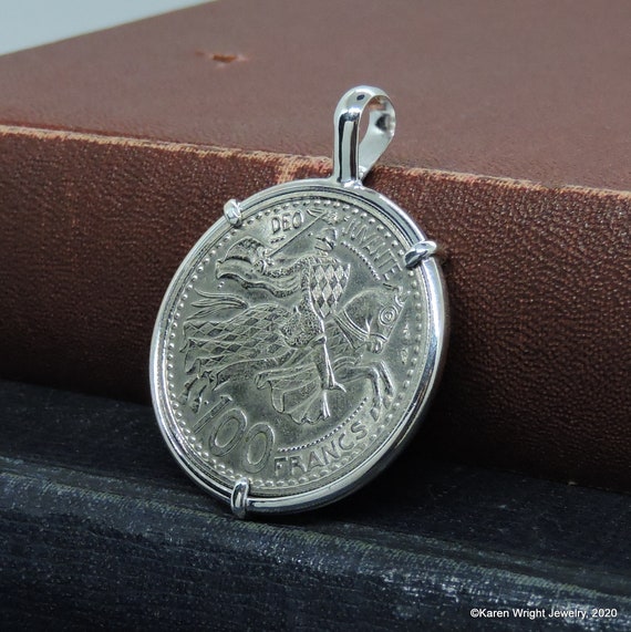 Monaco Coin Jewelry with Vintage 1950 100 Franc Coin in Handmade Sterling SIlver Pendant Setting