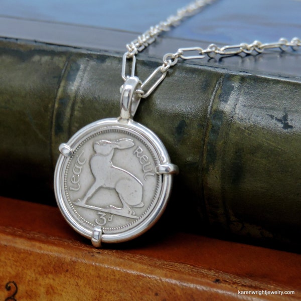 Ireland Coin Jewelry with Vintage Rabbit Hare Coin in Handmade Sterling Silver Pendant Setting