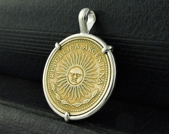 Argentina Coin Jewelry with Vintage Sun 10 Peso Coin in Handmade Pendant Setting