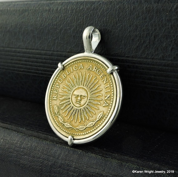 Argentina Coin Jewelry with Vintage Sun 10 Peso Coin in Handmade Pendant Setting