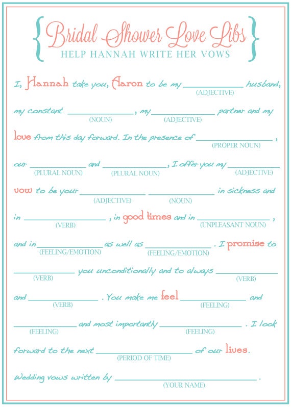 Bridal Shower Mad Libs Funny Shower Game Write Your Vows Etsy